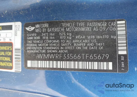2006 Mini Cooper from USA, damaged, VIN WMWRF33566TF65679